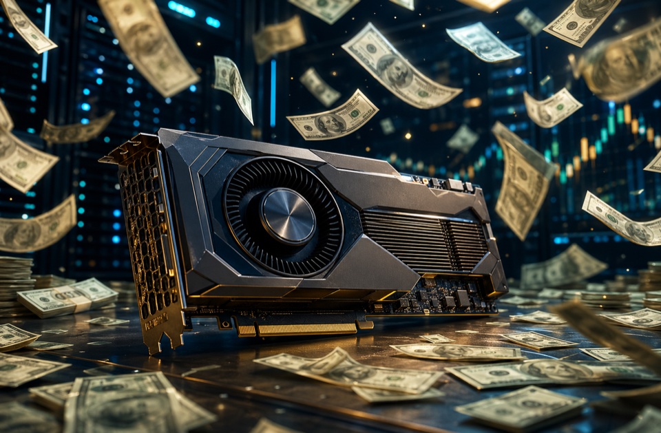 GPU accelerator with dollar bills raining down in a data center