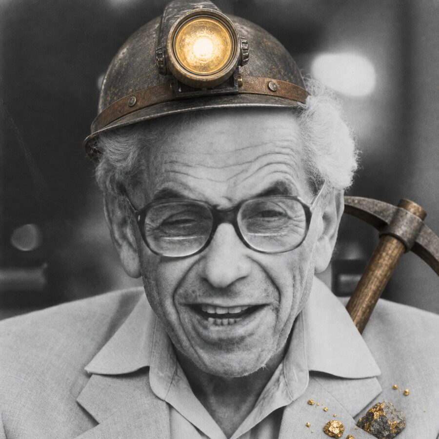 Portrait of Paul Erdős with miner helmet and pickaxe